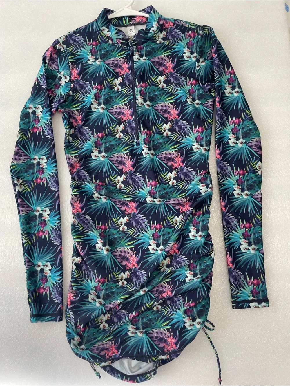 Kyodan Long-Sleeve Swim Tunic in Teal Tropical Print